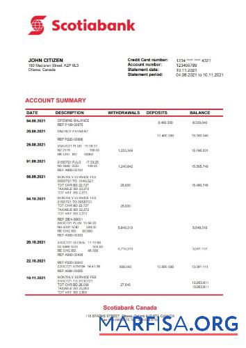 Printable Canada Scotiabank bank statement word version 2 download for verification